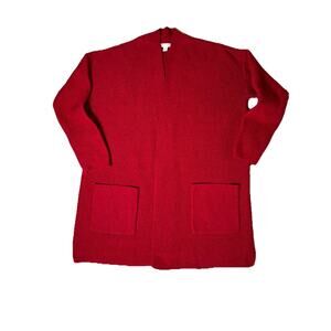 J Jill Women’s Medium‎ Red Knit Open Front Cardigan Sweater Pocket Long Sleeve